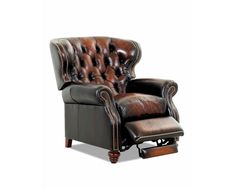 a brown leather recliner chair and ottoman