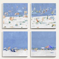 four paintings of people at the beach with umbrellas and chairs in front of them