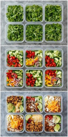 several plastic containers filled with different types of salads and toppings on top of each other