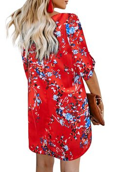 Orange V Neck 3/4 Roll Sleeve Button Down Floral Dress Mini Tunic Dress, Sundress Casual, Shift Dresses, Bohemian Maxi Dress, Long Dress Casual, Shift Dress Black, Mini Dress Casual, Short Mini Dress, Tube Dress