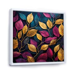 an abstract painting with colorful leaves on a black background canvas wall art print framed in white frame