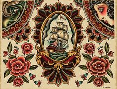 an old fashioned tattoo design with flowers and a ship