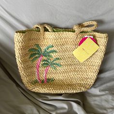 Beach Tote Bag Qvc Brand Quacker Factory By Jeanne Brice Tan Woven Bag With Two Palm Trees Green With With Polka Dots Inside Ties At The Top To Keep Unwanted Bugs Or Sand Out Two Pockets Inside Woven Style Bag Brand New With Tags Casual Sand-colored Bag For Vacation, Summer Tan Straw Bag With Braided Handles, Summer Beach Straw Bag In Tan, Tan Straw Bag With Braided Handles For Beach, Summer Tan Straw Bag For Beach, Summer Vacation Tan Straw Bag, Rectangular Tan Straw Bag For Vacation, Tan Rectangular Straw Bag For Vacation, Tan Straw Tote Bag For Vacation