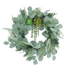 a wreath with green leaves and succulents