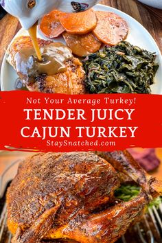 a turkey is being drizzled with gravy and garnished with spinach