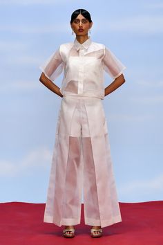 Off-white semi sheer shirt with spread collared neckline. Paired with bustier. - Aza Fashions Off White Shirt, Shirt And Trouser, Sheer Shirt, Satin Color, Set For Women, Aza Fashion, White Shirt, Half Sleeves, Pants Set