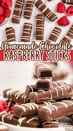 chocolate raspberry sticks stacked on top of each other