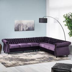 a living room with a purple couch and rug