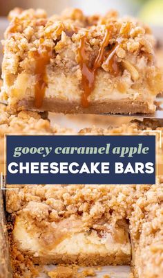 gooey caramel apple cheesecake bars stacked on top of each other with text overlay