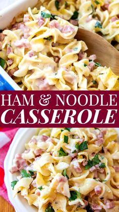 ham and noodle casserole in a white dish