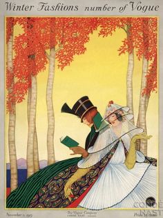 an image of a man and woman reading books in the woods with autumn trees behind them