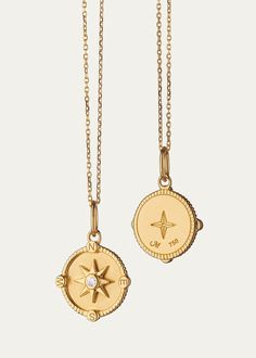 Monica Rich Kosann Mini Travel Compass Charm Necklace with Diamond Bezel at Center - Bergdorf Goodman Classic Medallion Necklaces With Charms, Timeless Charms Necklace For Anniversary, Timeless Charm Necklace For Anniversary, Timeless Pendant Necklace With Charms, Yellow Gold Medallion Charm Jewelry, Fine Jewelry Medallion Necklace With Charms, Yellow Gold Medallion Jewelry With Charms, Luxury Diamond Engraved Necklaces, Luxury Diamond Necklaces With Engraving