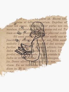 a drawing of a person holding a book in front of an old paper with writing on it