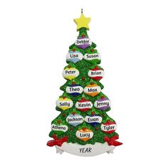 a christmas tree ornament with name tags on it