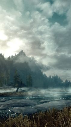 an image of a man standing in the middle of a river with mountains in the background