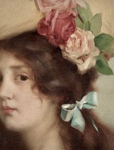 a painting of a woman wearing a hat with flowers on it's head and her hair pulled back