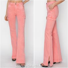 Spring Wide Leg Cargo Jeans With Frayed Hem, Spring Wide-leg Cargo Jeans With Frayed Hem, Pink Flare Denim Jeans, Pink Flare Denim Bottoms, Spring Full Length Flare Jeans With Pockets, High Rise Cargo Jeans With Frayed Hem, Trendy Mid-rise Cargo Jeans With Frayed Hem, Mid-rise Cargo Jeans With Frayed Hem For Spring, Spring Mid-rise Cargo Jeans With Frayed Hem