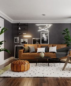 a living room filled with furniture and lots of plants on top of a wooden floor