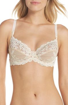 Sheer-topped cups are detailed with feminine lace in a beautiful underwire bra. Partially lined Polyester/nylon/spandex Hand wash, line dry Imported Lingerie Classic Beige Underwire Bra, Beige Lace Bra With Lace Closure, Feminine Cream Lace, Beige Lace Bra Comfortable, Fitted Lace Trim Bra For Wedding, Fitted Wedding Bra With Removable Pads, Fitted Bra With Lace Trim And Sweetheart Neckline, Classic Cream Bra With Padded Cups, Feminine Full Cup Bra With Lace Trim