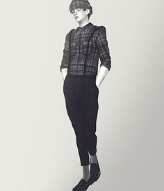 a black and white photo of a woman in tight pants, shirt and heels with her hands on her hips