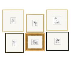 six framed art pieces in various sizes and shapes, each with an individual's drawing