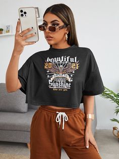 Cropped Oversized Tshirt, Oversized Cropped Tshirt, Curvy Style Outfits, Printed Tee Women, Oversized Crop Top, Eagle Print, Shein Outfits, Latest T Shirt, Tshirt Outfits