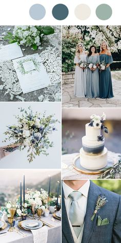 wedding color palettes for the bride and groom in shades of blue, green, gray, and white