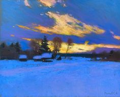 an oil painting of a snowy landscape with trees and houses in the distance at sunset