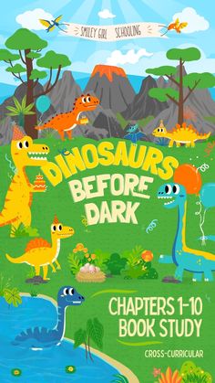 the dinosaurs before dark book study guide is shown in front of an image of mountains and trees