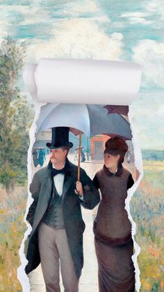 a painting of two people holding umbrellas in their hands while walking down a path