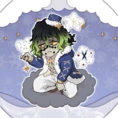 an anime character sitting on top of a cloud with snowflakes in the background