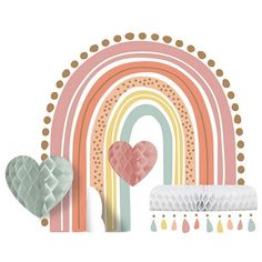 an assortment of decorative items including paper hearts and rainbows