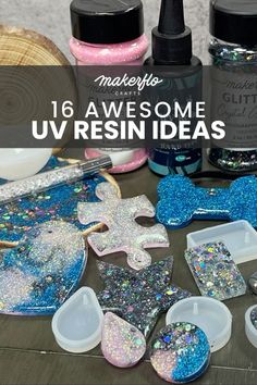 some glittery items are on a table with the words 16 awesome u - resinin ideas