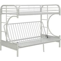 a white metal bunk bed with two rails and a pull out futon underneath it