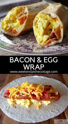 egg, bacon and cheese breakfast wrap is shown on a plate with other food items