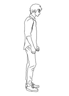 a line drawing of a man standing with his hands in his pockets and looking down