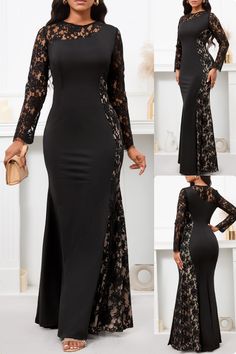 Unveil your inner elegance with Rosewe’s Patchwork Black Maxi Bodycon Dress 🖤. This dress boasts a flowy stretch fabric, asymmetrical patchwork with lace accents, and a stunning mermaid silhouette. It’s the perfect blend of comfort and sophistication for any party or evening event. Made with 95% polyester and 5% spandex for a flawless fit. #Rosewe #BlackDress #MaxiBodycon #ElegantFashion #PartyReady #EveningChic #LaceDetail #MermaidStyle #FashionForward #SophisticatedStyle 🎉👗 Lace Dress With Sleeves, Lace Bodycon Dress, Lace Dress Black, Long Black Dress, Long Sleeve Bodycon Dress, Party Dress Long