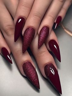 Fall Deep Red Nails, Maroon Nails With Rhinestones, Thanksgiving Stilleto Nails, Wine Colored Nails Acrylic, Stilleto Winter Nail Design, Burgundy Ballerina Nails, Cranberry Acrylic Nails, Wine Berry Nails, November Stiletto Nails