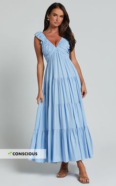 Nicollee Midi Dress - Plunge Neck Sleeveless Tiered Dress in Blue Party Wear Midi, Blue A Line Dress, Semi Casual Dresses, Blue Wedding Guest Dresses, Casual Beach Dress, Semi Formal Outfits, Spring Wedding Guest Dress, Anna Dress, Photoshoot Dress