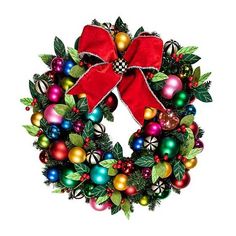 a christmas wreath with red bow and ornaments