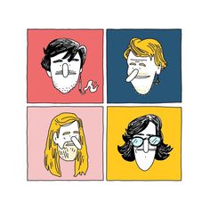 four different colored faces with long hair and beards, one in the middle has a mustache