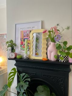 a fireplace with some plants and pictures on it