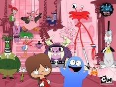 jesus and other cartoon characters standing in front of a pink room with an evil creature