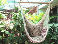 a hammock chair hanging in the middle of some plants and greenery,