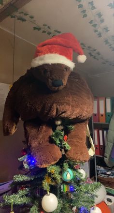 a large teddy bear sitting on top of a christmas tree