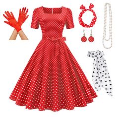 Season:Spring  Summer; Look After Me:Washable; Gender:Women's; What's in the box:Dress,Gloves,Headwear,Necklace,Earrings; Types:Petticoat Hoop Skirt,A-Line Dress,Tutu,Flare Dress,Christmas Party Dress; Style:Retro Vintage,Rockabilly,1950s; Elasticity:Micro-elastic; Occasion:Masquerade,Party / Evening; Material:Polyester; Age Group:Adults'; Pattern:Polka Dot; Listing Date:05/26/2023; Clothing Waist:; Clothing Length:; Bust: Retro Fitted Halloween Dress, Retro Halloween Fitted Dress, Retro Halloween Costume Dress, Retro Summer Costume Dress, Vintage Halloween Party Dress, Pinup Polka Dot Dress For Party, Pinup Polka Dot Party Dress, Polka Dot Pinup Party Dress, Vintage Costume Dresses For Holidays