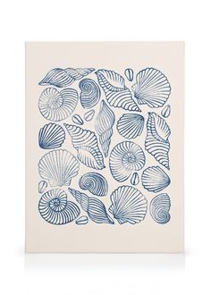 a blue and white drawing of seashells on a beige paper with the word sea written