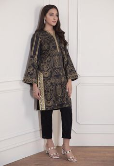 Fitted Black Kurta With Gold Embroidery, Elegant Festive Blouse With Printed Motifs, Black Set With Gold Embroidery For Eid, Black Long Sleeve Sets With Gold Embroidery, Black Self Design Blouse For Eid, Black Eid Blouse With Self Design, Gold Long Sleeve Kurta With Dabka Detail, Gold Long Sleeve Kurta With Dabka, Elegant Blouse With Printed Motifs For Eid