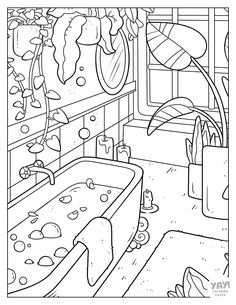 a bathroom with plants and flowers on the window sill coloring pages for kids to color