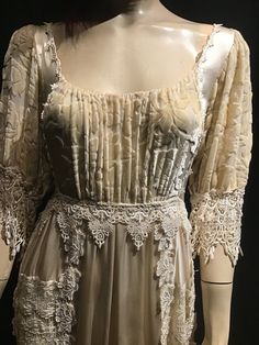 "Beautiful Edwardian Replica, Only one made, brand new from a posh local boutique in the 90's made by \"Belinda\" which later carved her name in bridal alternative gowns. (No tag, but guaranteed) Made with Pure Charmeuse silk which feels like butter. Cut Velvet is also silk. Expensive Battenburg lace. Elastic waist. Tie back belt. No size tag. Boutique tag still attached. Needs steaming. Please follow measurements. Bust 38\". Waist stretches to 40\". Hips about 52\". Length from shoulder to hem Luxury Victorian Dress With Lace Trim For Vintage Events, Luxury Vintage Victorian Lace Dress, Cream Victorian Dress With Lace Trim For Daywear, Victorian Cream Dress With Lace Trim, Vintage Cream Victorian Dress With Lace Trim, Cream Wedding Dresses, Victorian Wedding Dress, Battenburg Lace, Ceremony Dresses